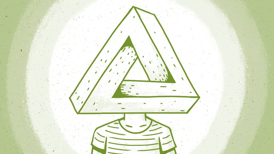 Zeichnung: Eine Figur hat als Kopf ein so genanntes Penrose-Dreieck, eine optische Täuschung.