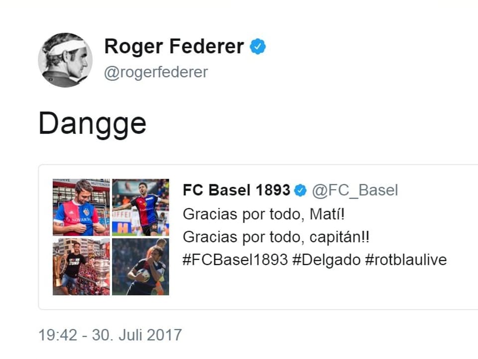 Screenshot Twitter – Roger Federer sagt «Dangge».