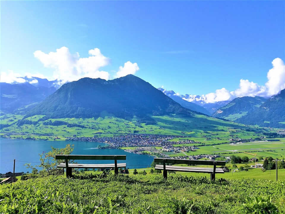 Zwei Bänke auf einem Hügel, darunter im Tal liegt der See, es herrscht sonniges Wetter.