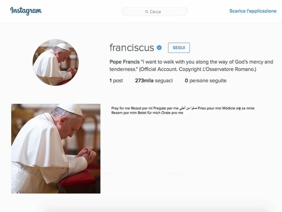 Screenshot des Instagram-Profils von Franziskus aus dem Jahr 2016 mit einem einzigen Foto