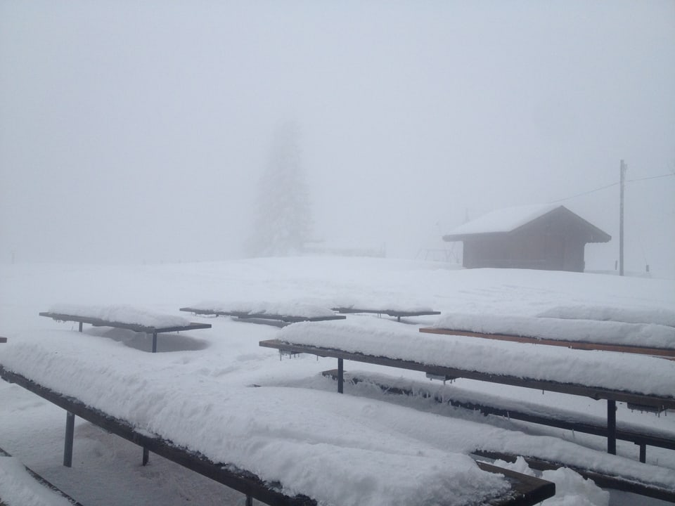Nebel, Bänke und Tische mit Schnee daruf, im Hintergrund kleines Häuschen.
