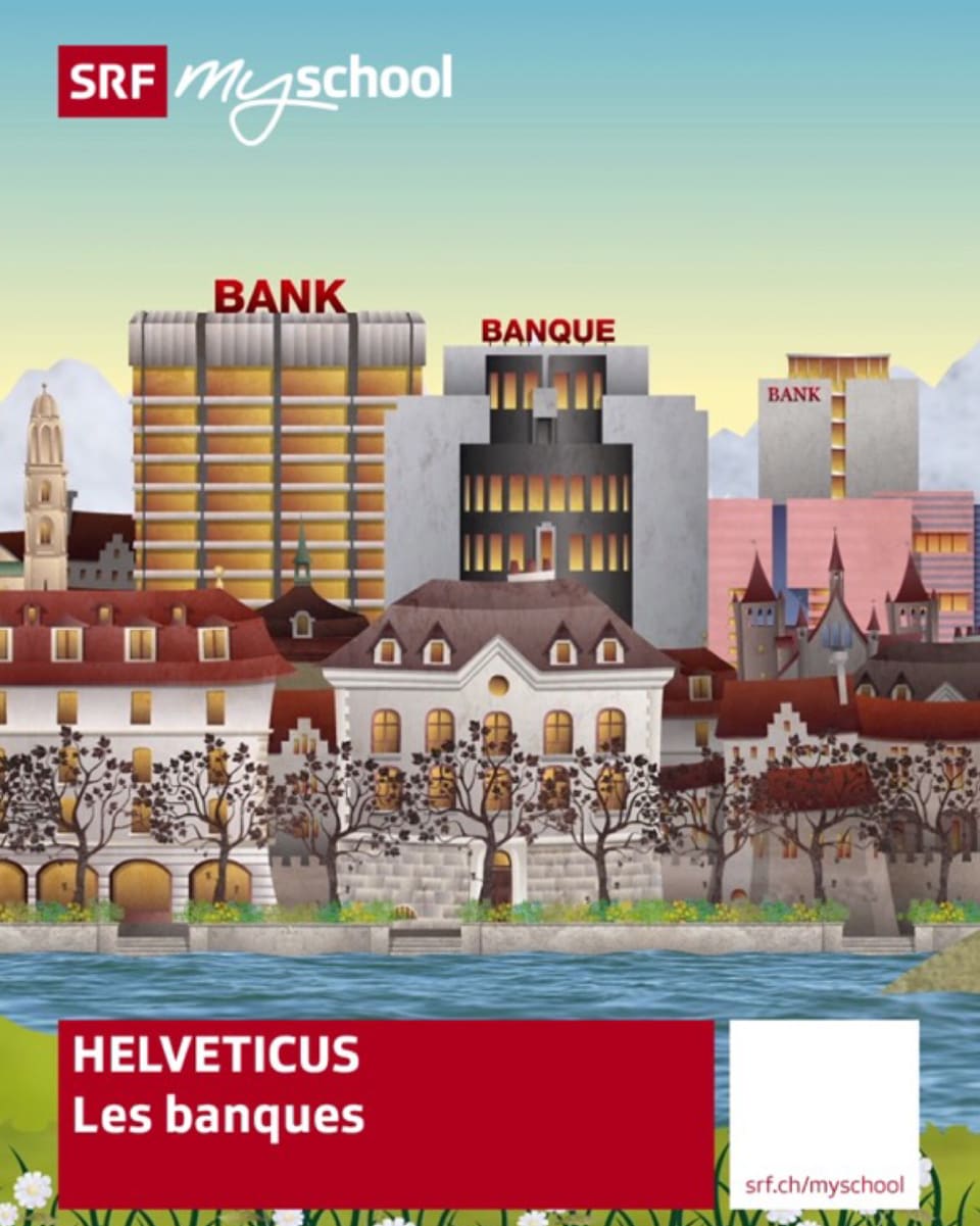 Das Titelbild des Ibooks zum Schweizer Bankwesen zeigt eine gezeichnete Stadt mit Banken-Hochhäusern und einem See.
