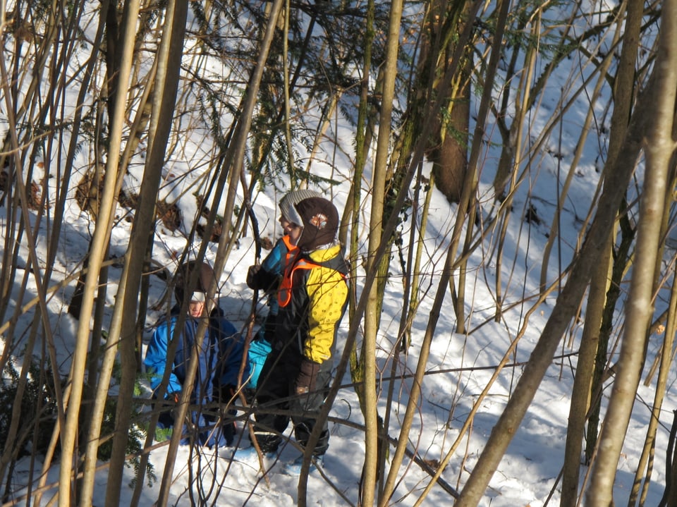 Drei Kindergartenkinder spielen im Wald.