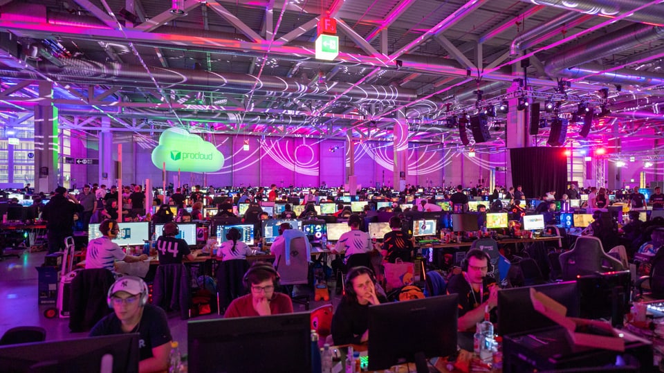 In einer grossen, bunt beleuchteten Halle sitzen reihenweise Gamer vor Bildschirmen.
