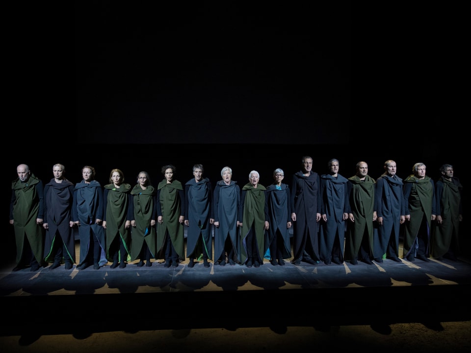 Auf einer Bühne stehen in einer Reihe viele in grün, grau und blau gekleidete Schauspieler. 