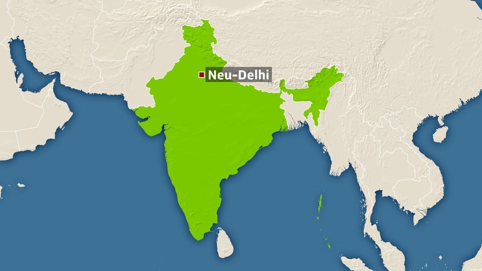 Karte Indiens mit Markierung auf der Hauptstadt Neu-Delhi.