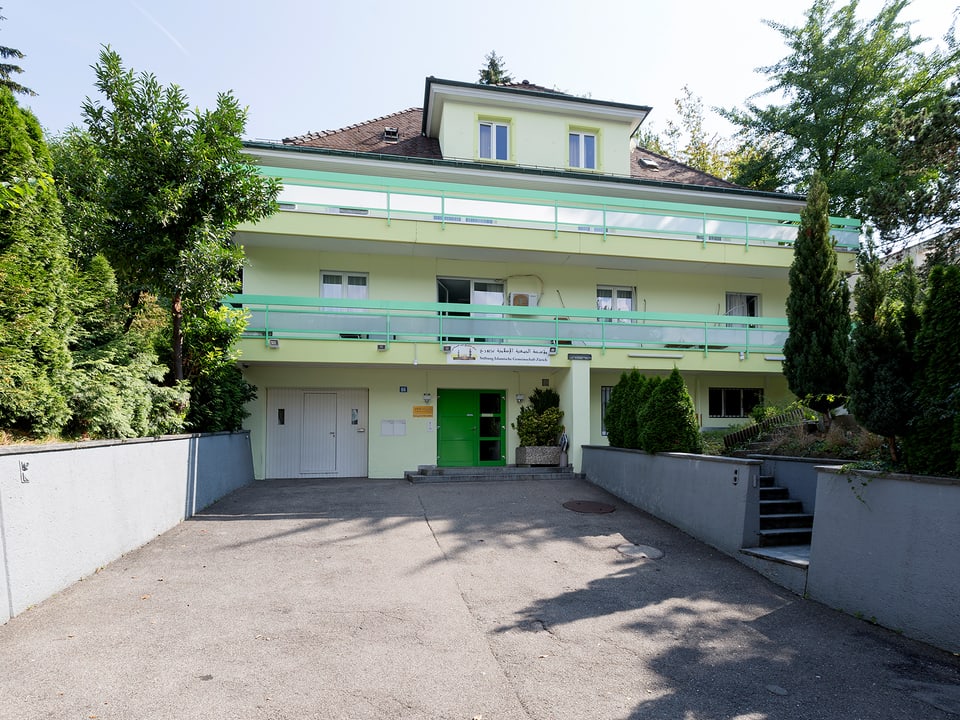 Blick auf ein grünlichen Haus mit grosser Einfahrt. Das Haus steht in einem grünen Wohnquartier.