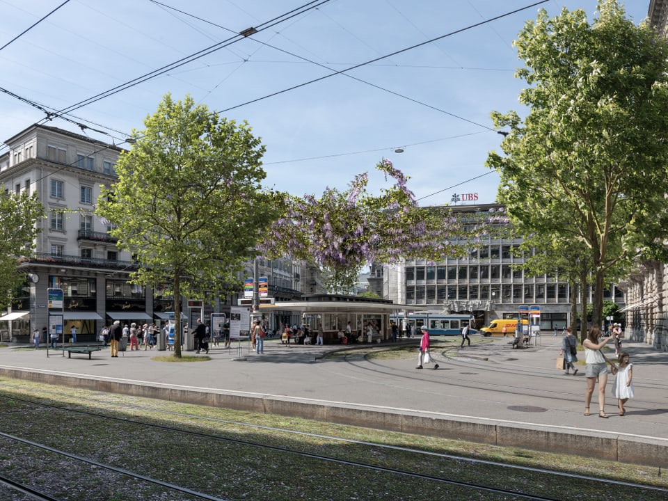 Paradeplatz Zürich mit vielen Bäumen