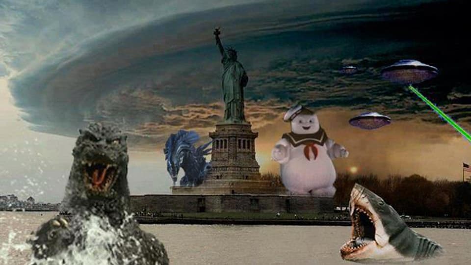 Auf dieser Bildmontage wird New York nicht nur vom Sturm heimgesucht, sondern auch von Godzilla oder dem weissen Hai.