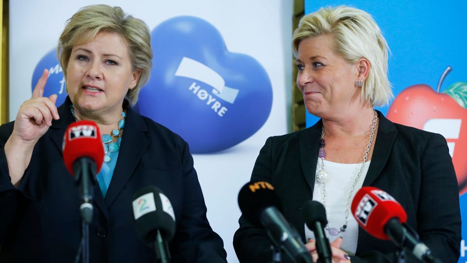Die künftige norwegische Ministerpräsident Erna Solberg (links) und Siv Jensen.