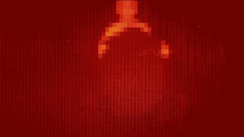 Eine Rastergrafik zeigt in roten, orangen und gelben Pixeln die Sicht von Yul Brynners mechanischem Revolverhelden aus dem Film «Westworld».