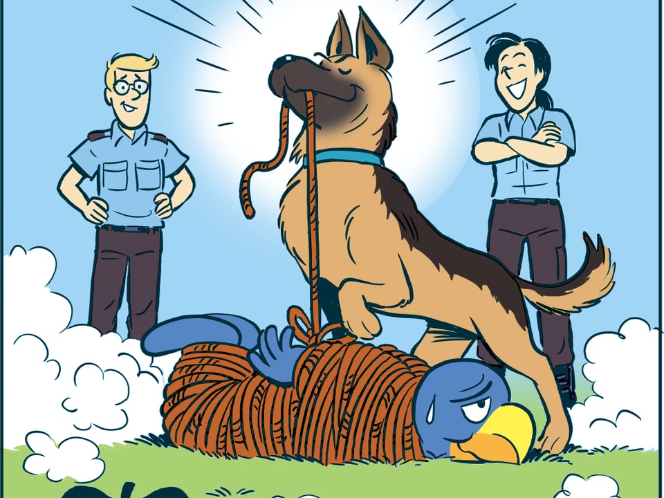 Zeichnung aus dem Globi-Buch: Ein Polizeihund hat Globi mit einem Seil festgebunden.