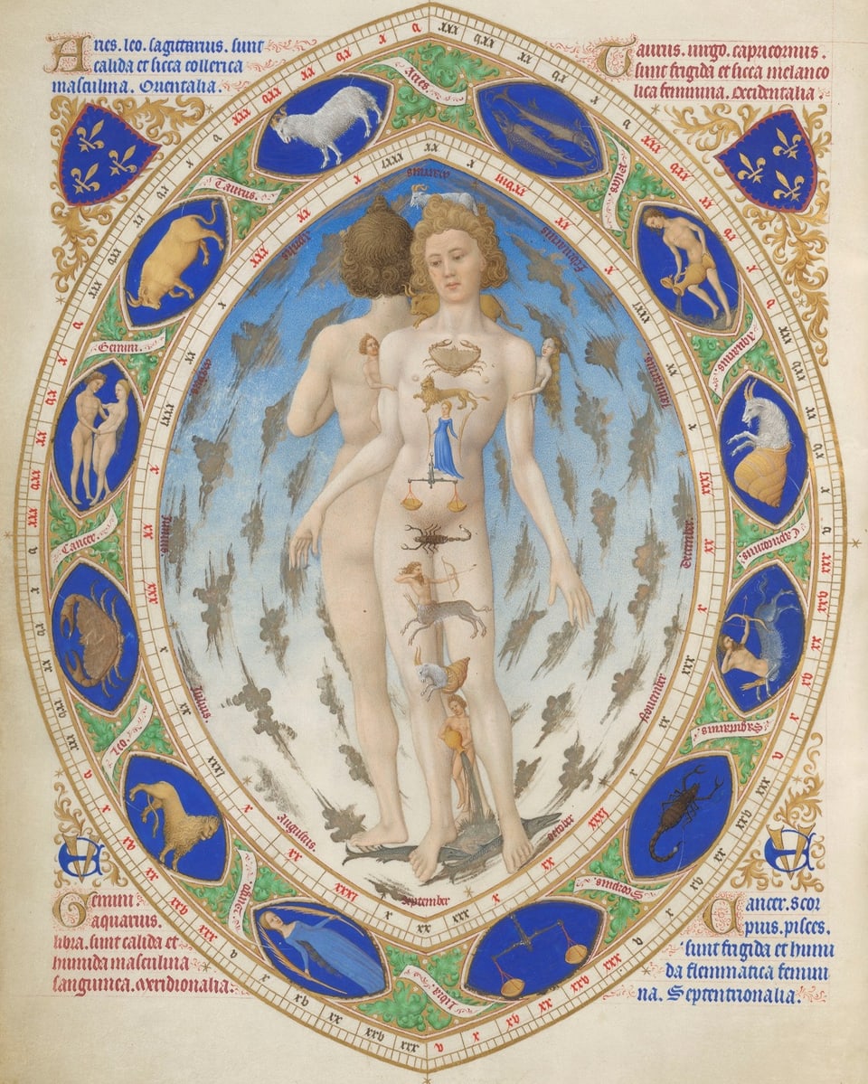 Illustration. Von Sternzeichen umgeben stehen zwei nackte, geschlechtslose Figuren Rücken an Rücken.