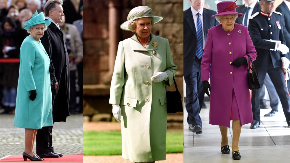 Collage aus drei Fotos auf denen die Queen in einem türkisen, grünen und pinken Kostüm mit passendem Hut zu sehen ist.
