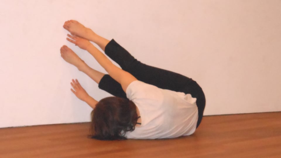 Eine Frau in Gymnastikhose und weissem T-Shirt stemmt sich mit Armen und Beinen gegen eine Wand.