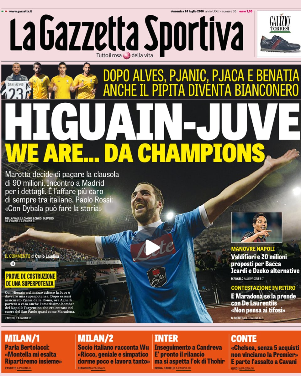 Higuain auf der Titelseite der Gazzetta Sportiva
