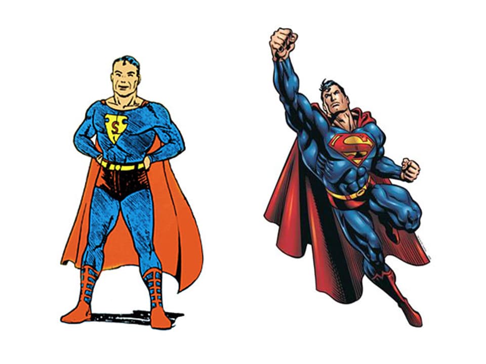 zwei Darstellungen der Comicfigur Superman, von 1934 und Heute.