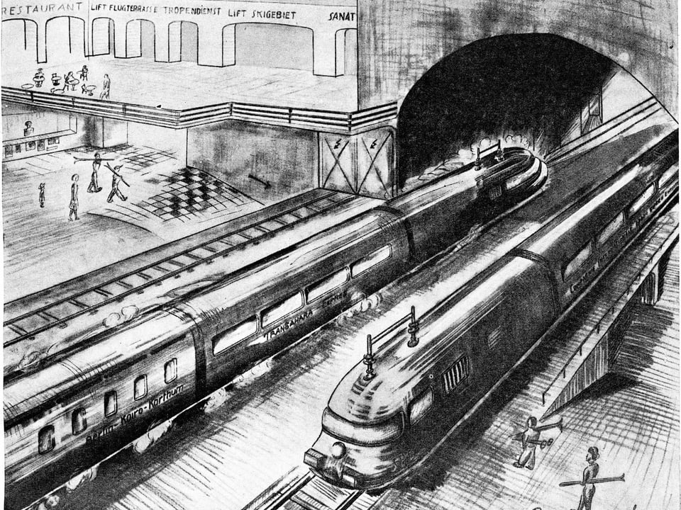 Schwarweiss-Zeichnung von zwei Zügen in einem Gotthard-Tunnel aus den 1940er-Jahren.