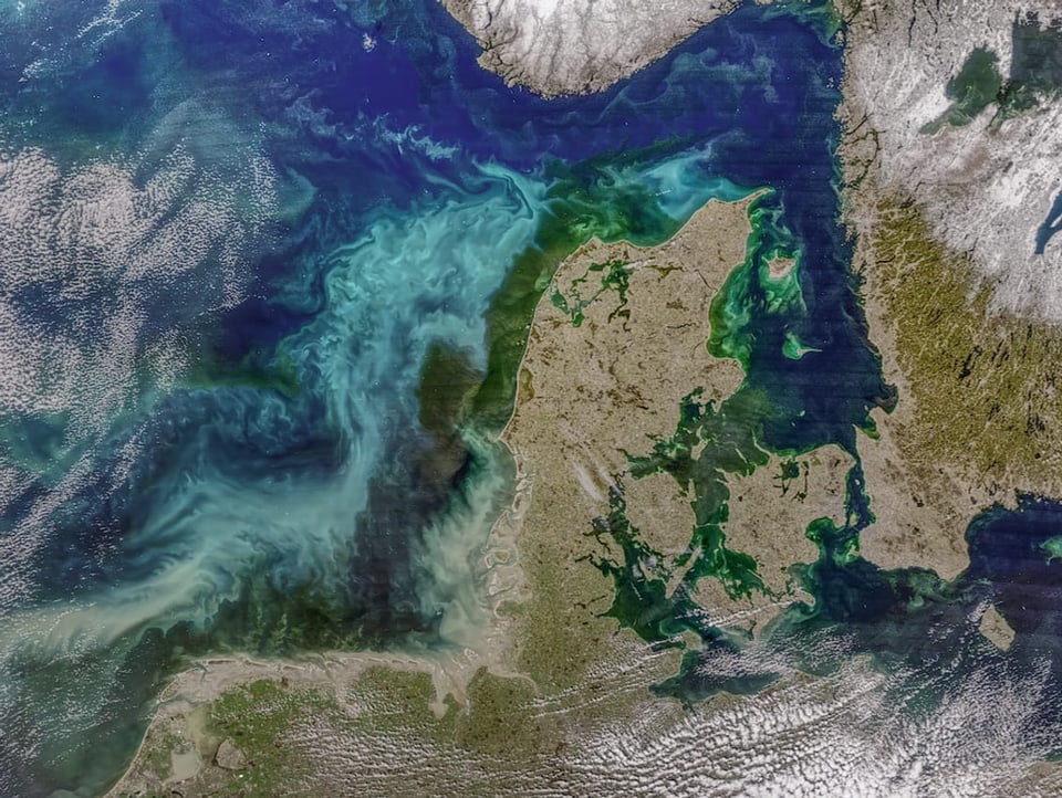 Satellitenbild von Dänemark und den Niederlanden, das Meeresströmungen zeigt. 