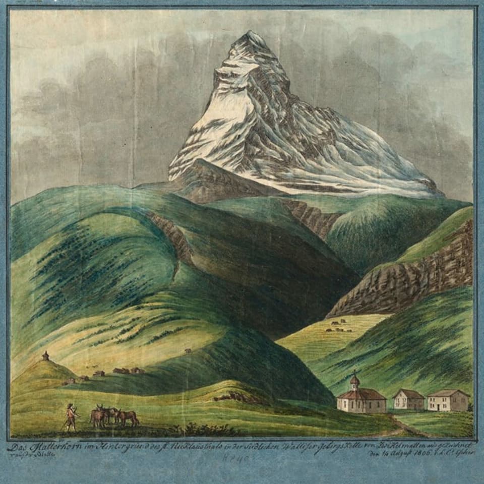 eine Zeichnung eines Berges mit grüner Landschaft und wenigen Häusern im Vordergrund