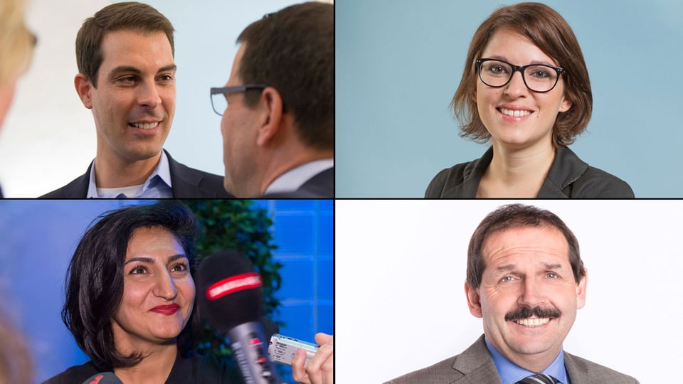 Oben: Thierry Burkart (FDP/AG), Mattea Meyer (SP/ZH). Unten: Sibel Arslan (Alternative/BS), Duri Campell (BDP/GR)