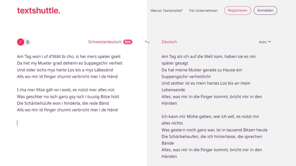 Screenshot: Ein Mundarttext neben einer Hochdeutsch-Übersetzung