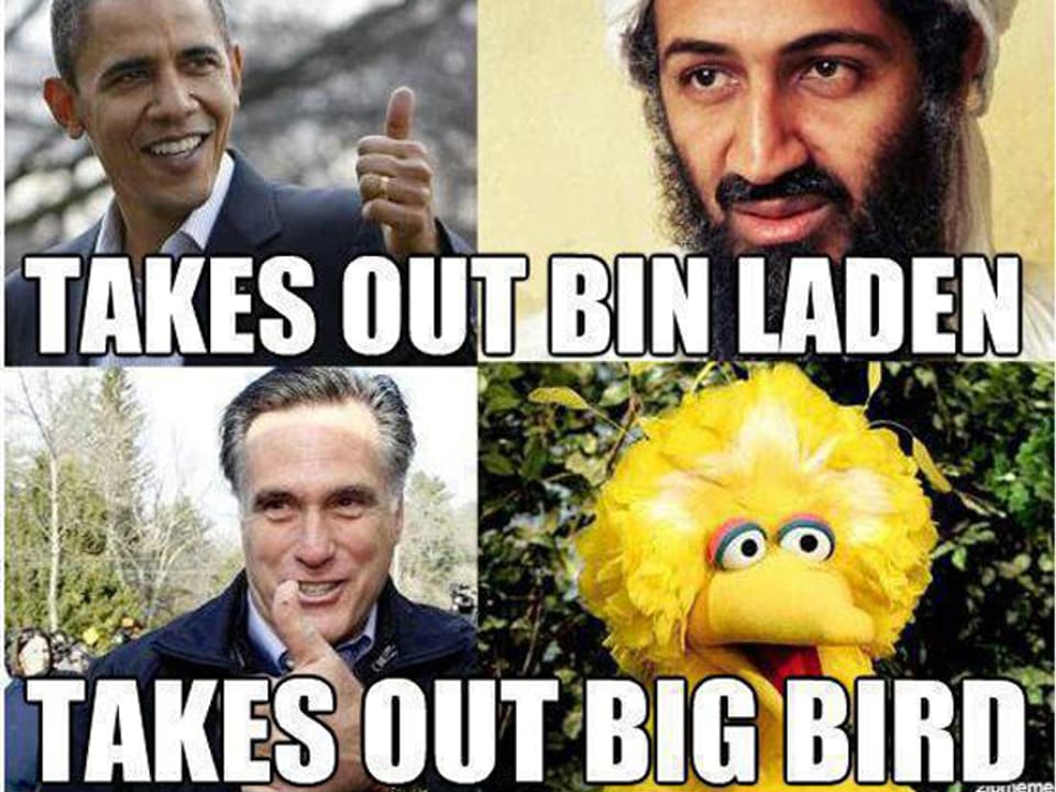 Auf diese Fotocollage werden Barack Obama, Osama Bin Laden, Mitt Romney und Big Bird gezeigt.