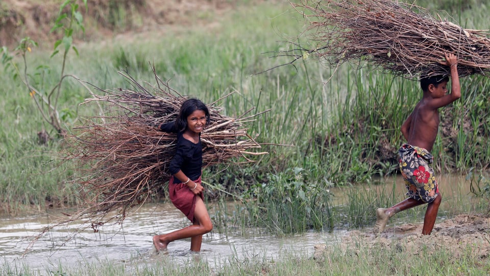 Mädchen und Junge der Rohingya-Minderheit sammeln Holz