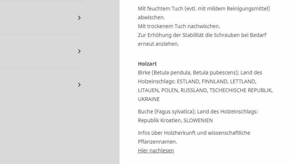 Screenshot von Holzdeklaration des Produkts Rönninge (Stuhl)