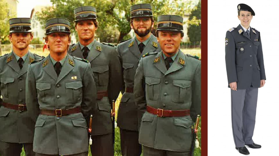 Gruppenbild mit fünf Leutnants in alter Uniform, daneben eine Soldatin mit neuer Ausgeh-Uniform.