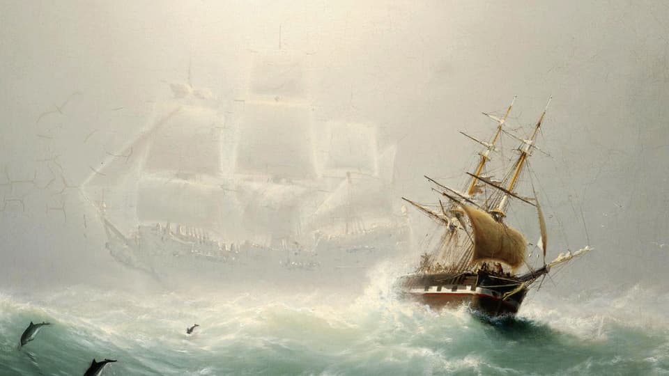 Gemälde: Ein Segelschiff auf hoher See. Dahinter ist schemenhaft ein viel grösseres, weisses Schiff zu sehen.