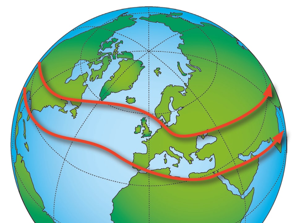 Globus mit zwei roten Pfeilen, den Jetstreams. 