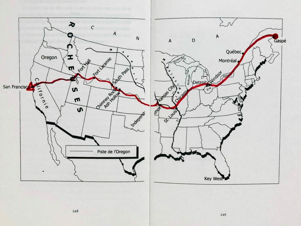 Reiseroute Grafik mit Reiseroute von Jack und der Grossen Heuschrecke, den beiden Protagonist*innen aus «Volkswagen Blues» von Jacques Poulin