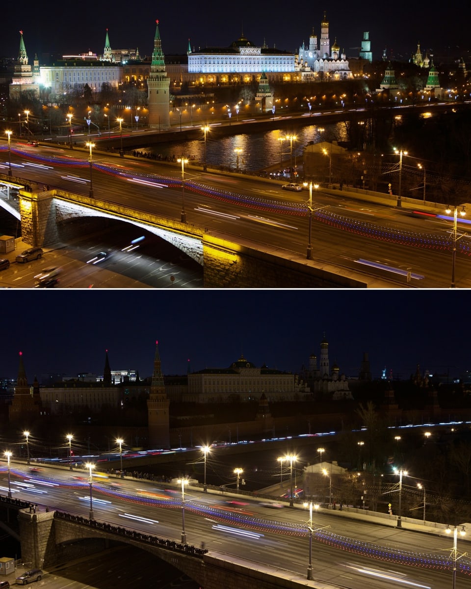 Der Kreml in Moskau im Hintergrund, mit und ohne Licht, davor eine Autobrücke.
