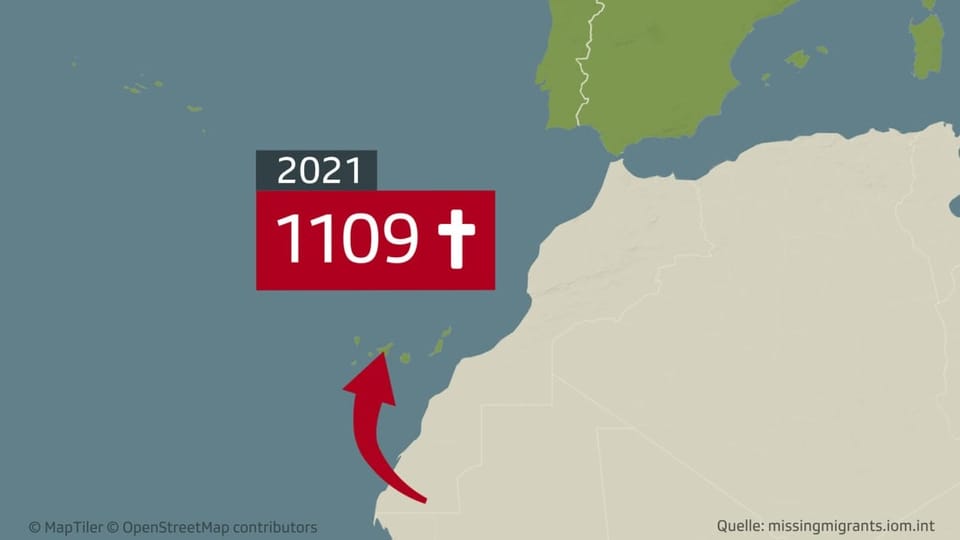 Karte von Nordafrika mit den Fluchtbewegungen in Richtung Europa. 1109 Menschen starben auf der Route im Jahr 2021