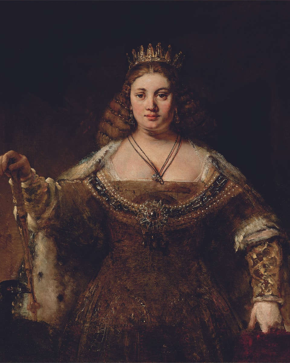 Frau mit Krone, Szepter und reich geschmücktem Umhang.
