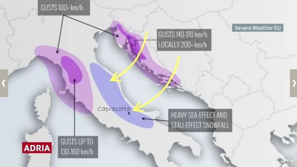 Auf einer Karte von Italien und der Adria sind einerseits starke Winde aus Nordosten eingezeichnet. Andererseits im Osten des Apennins die Abruzzen und Capracotta.