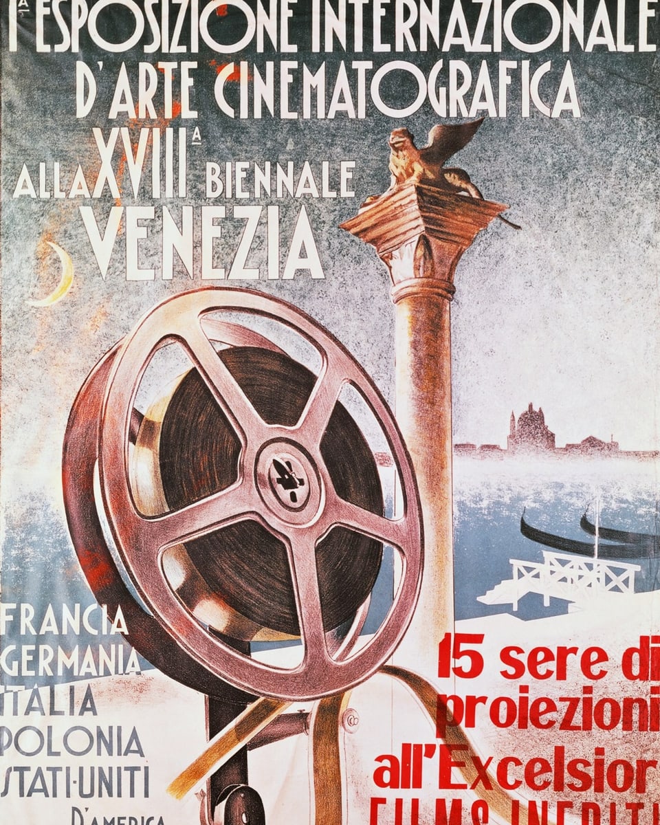 Altes Poster, zeigt rosa-graue Filmrolle, Säule mit Löwen daraufsitzend, Schriftzüge in Grossbuchstaben.