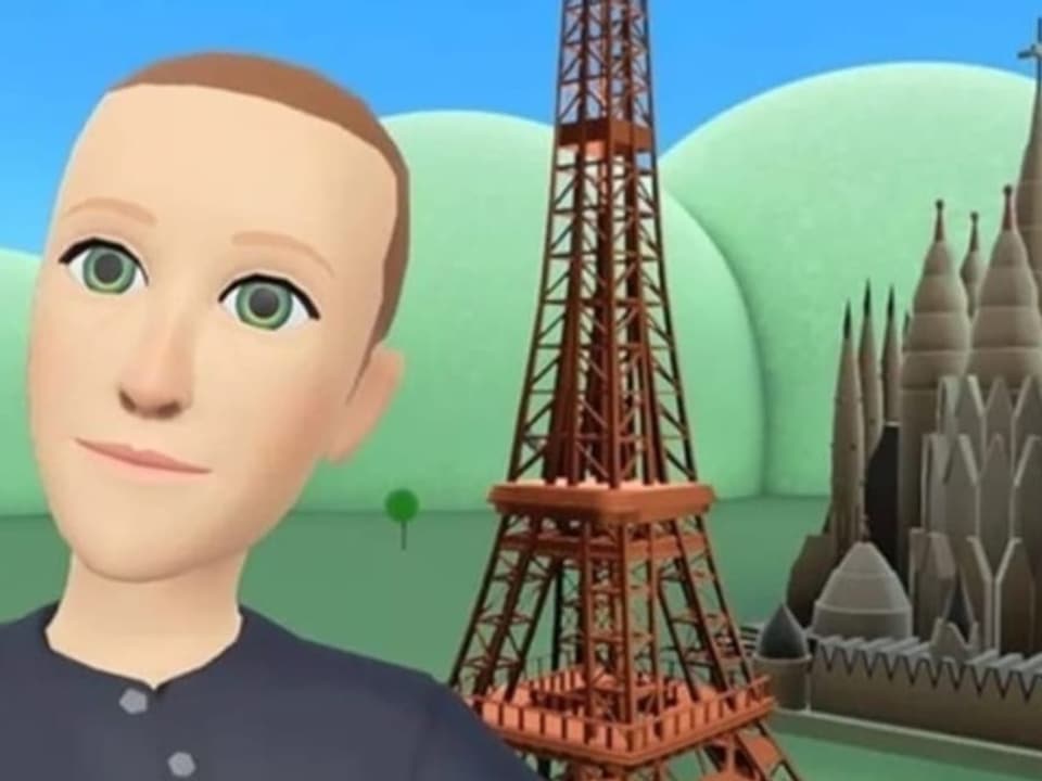 Selfie von Mark Zuckerbergs Avatar in der digitalen Welt, vor einem virtuellen Eiffelturm.
