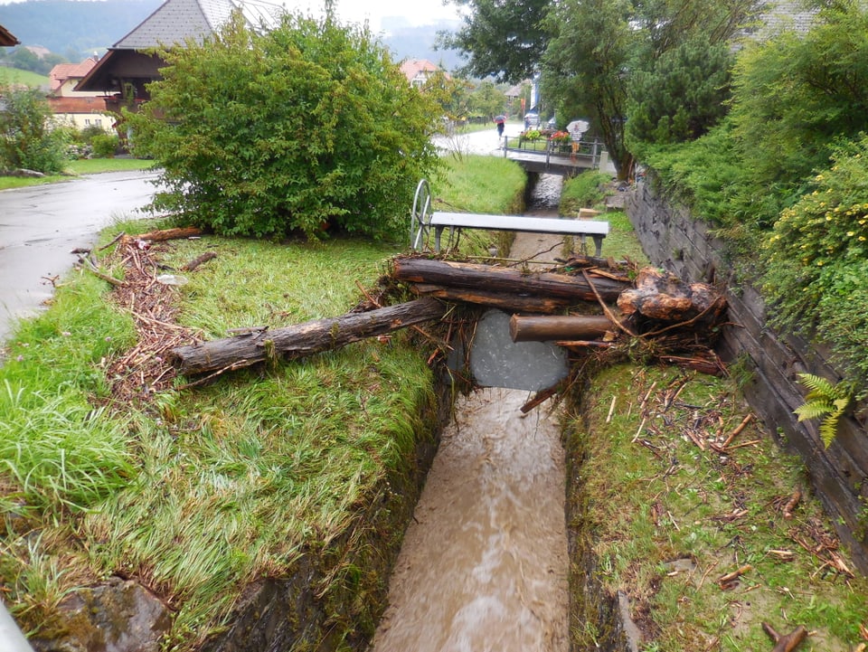 Zäziwil BE An einer Stauvorrichtung in einem Dorfbach blieben mehrere Baumstämme hängen. Das Wasser ist bereits zurückgegangen, der Bach fliesst wieder in seinem Bett. Die Baumstämme lassen aber erahnen, dass das Wasser eine enorme Kraft gehabt haben muss.