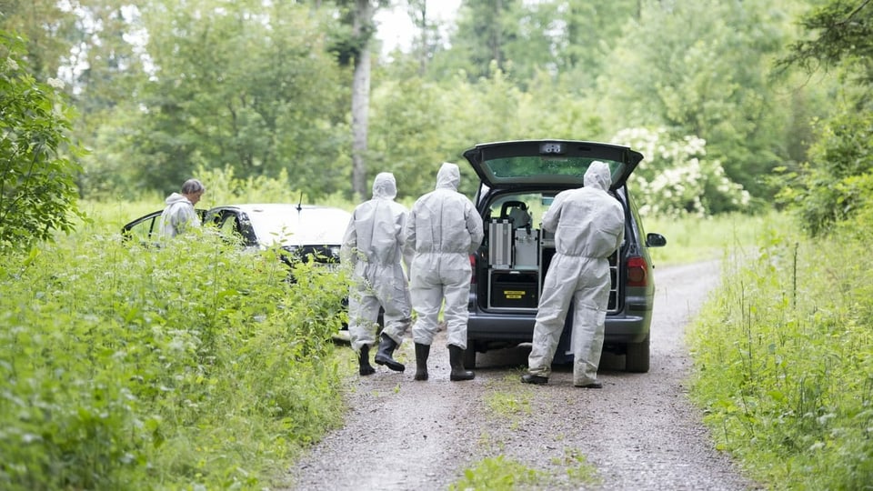 verschiedene Spurensuch-Beamte vor einem Waldstück