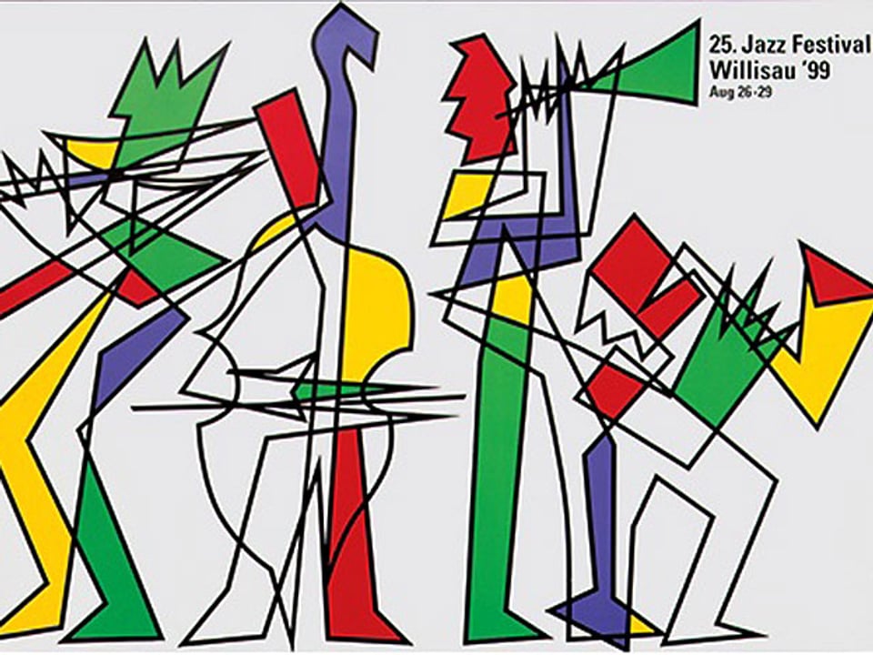 Das Plakat aus dem Jahr 1999 zeigt nur mit einem Strich gezeichnete Musiker, einzelne Flächen sind mit Farben gefüllt.