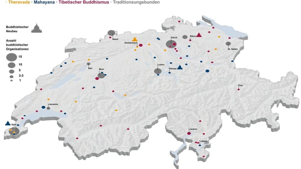 Grafik: Schweizerkarte mit Verteilung von Buddhistischen Organisationen,