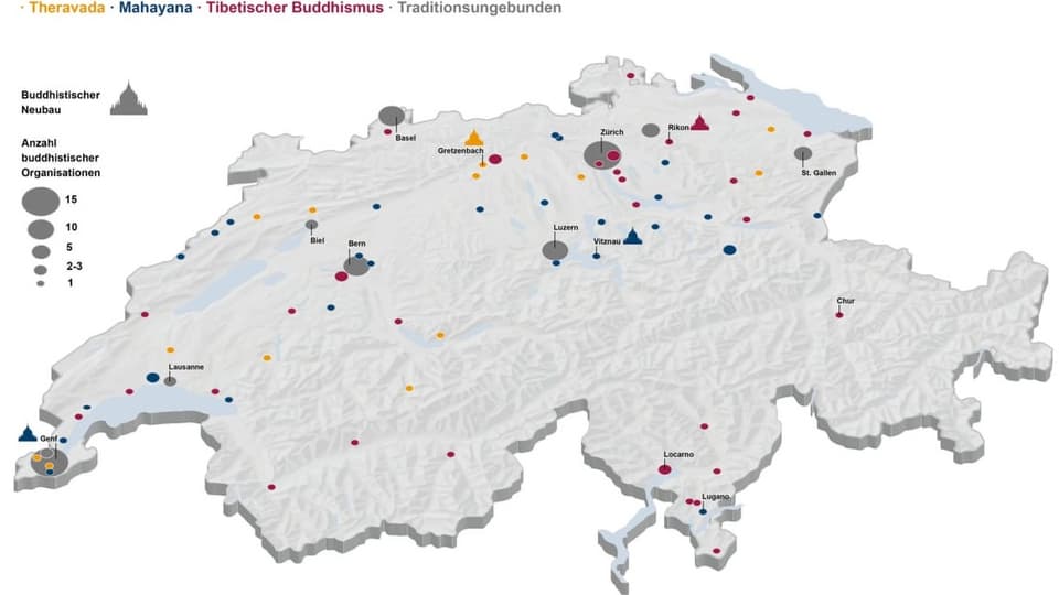 Grafik: Schweizerkarte mit Verteilung von Buddhistischen Organisationen, 