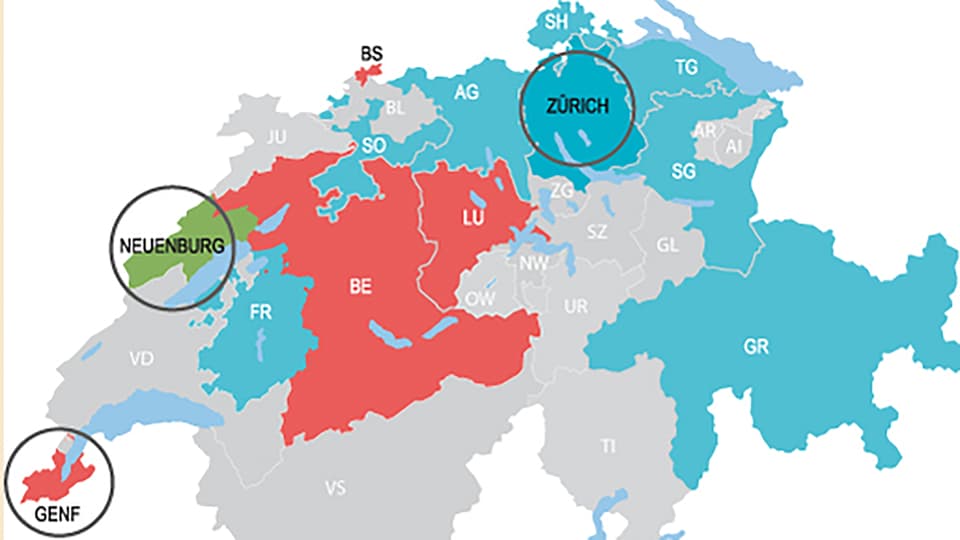 Schweizer Karte mit den drei E-Voting-Systemen: Genf mit BS/BE/LU, Neuenburg und Zürich mit FR/SO/AG/SH/TG/GR.