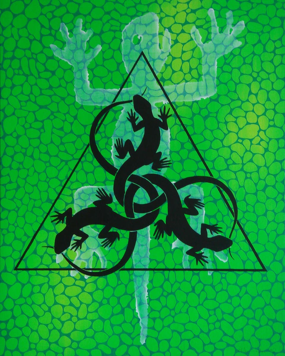 Schwarze Salamander in einem Dreieck vor grünem Hintergrund.