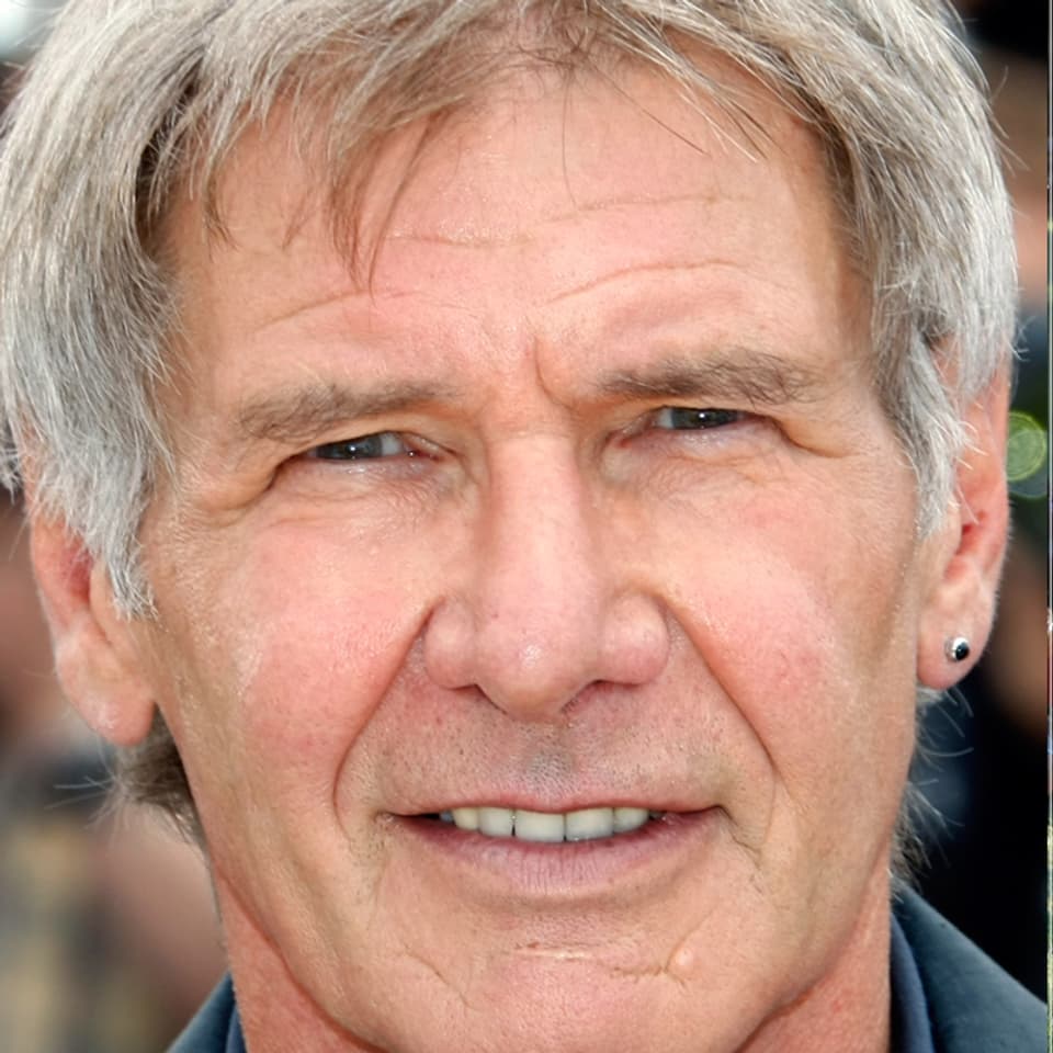 Porträbild von Harrison Ford und ein Bild des abgestürzten Flugzeugs.