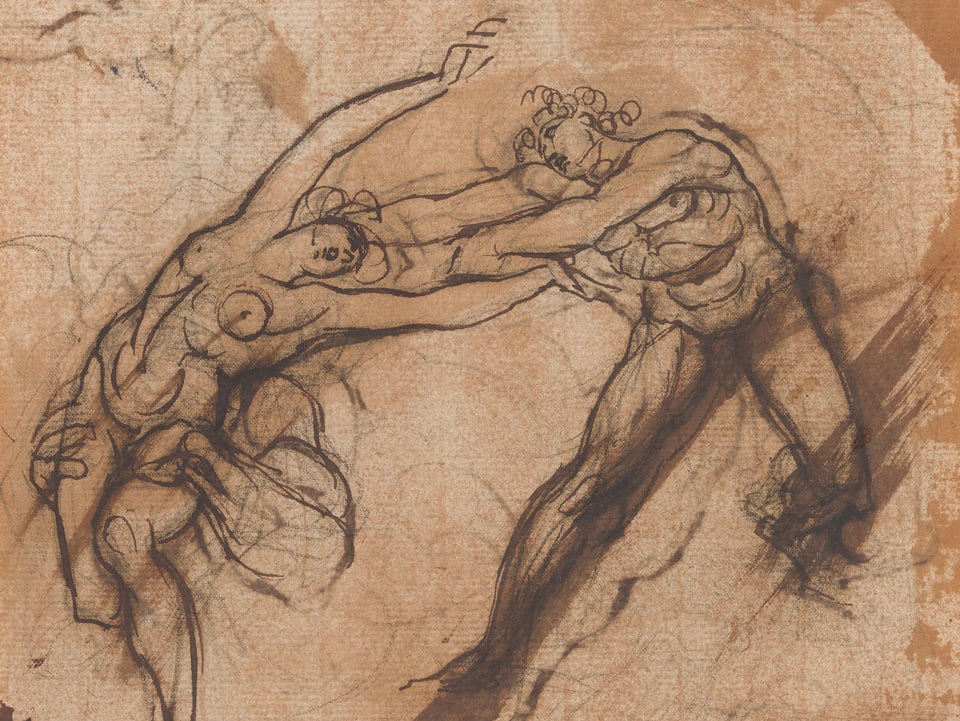 Zeichnung zweier nackten Figuren, die sich in dramatischer Geste die Arme entgegenstrecken. 