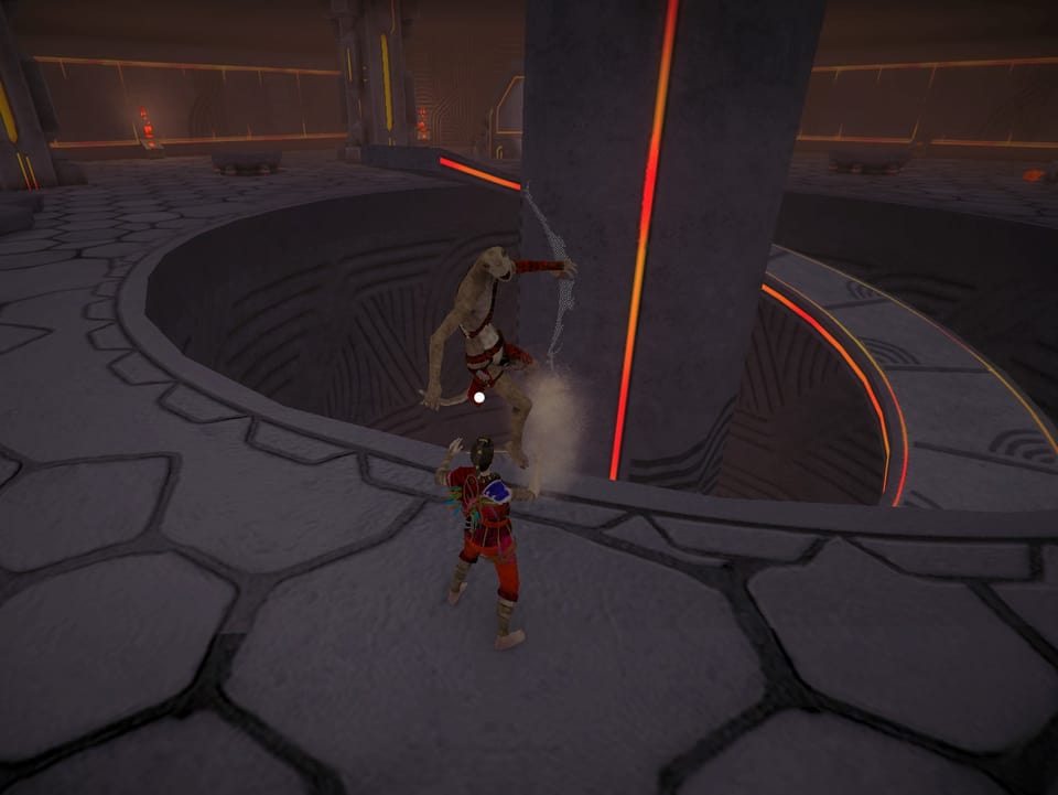 Die Spielfigur hebt per Telekinese eine Echse in die Luft über einen Abgrund.