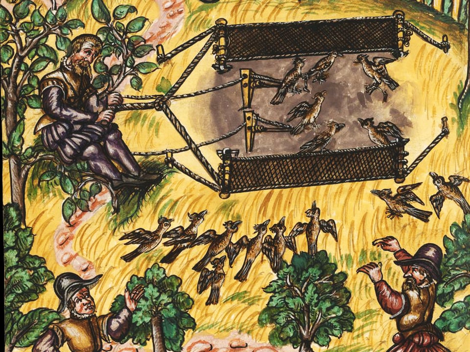 Bunte mittelalterliche Zeichnung der Jagdtechnik